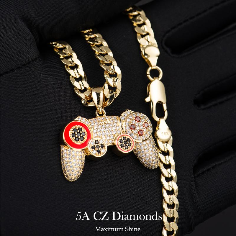 Holylegend 14K Real Gold-Plated Game Controller Necklace, Statement necklace,Sony-Inspired CZ Diamond Pendant, 24" Cuban & Rope Chain, Hip Hop Jewelry Gift for PlayStation Fans