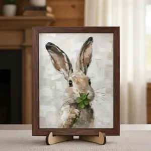 Lucky Bunny Wall Art Framed Print, Rustic Rabbit with Four Leaf Clover Painting, St. Patrick’s Day Farmhouse Decor, Woodland Animal Home Decoration