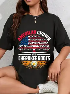 100% Cotton Unisex American Grown With Cherokee Roots Native American Flag Round Neck Short Sleeve T-Shirt Women's Men Graphic Tee