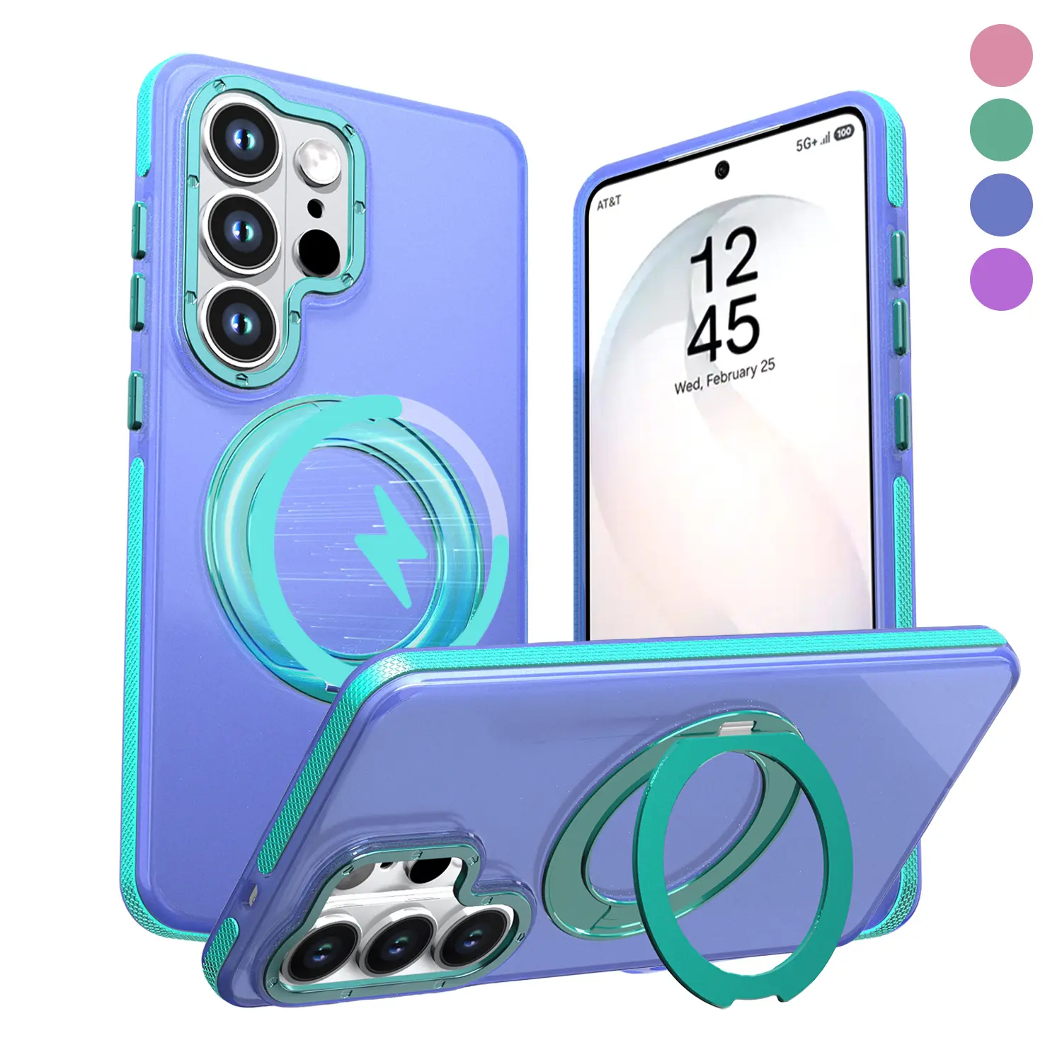 Military Air Drop Shockproof Case for Samsung Galaxy S26 S25 S24 S23 S22 Ultra FE Plus, 360° Foldable MagSafe Ring Stand, Anti-Fingerprint Smooth Matte Colorblock Lens Raised Protection Phone Cover