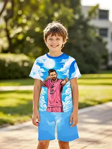 Boys' 3D Short Sleeve Set Messi Cartoon Print, Summer Football Style, Outdoor Wear, Holiday Gift, Birthday Present, 2026 World Cup