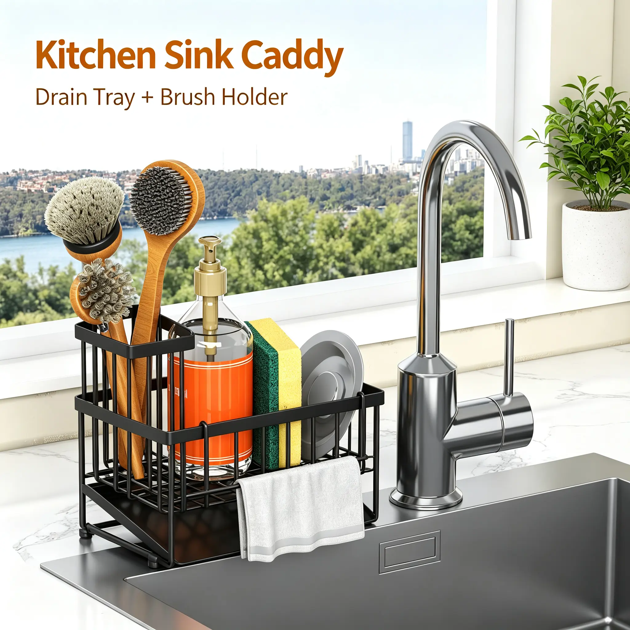 Rustproof Metal Sink Organizer Caddy for Kitchen Countertop - Auto-Draining Sloped Tray, Quick-Dry Open-Grid Sponge & Brush Holder, Towel Bar, Anti-Slip Base, Compact Rectangular Rack for Dish Soap & Cleaning Supplies