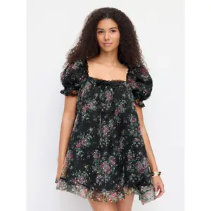 Cider Organza Floral Square Neck Puff Sleeve Bowknot Textured Babydoll Mini Dress SwimWeek