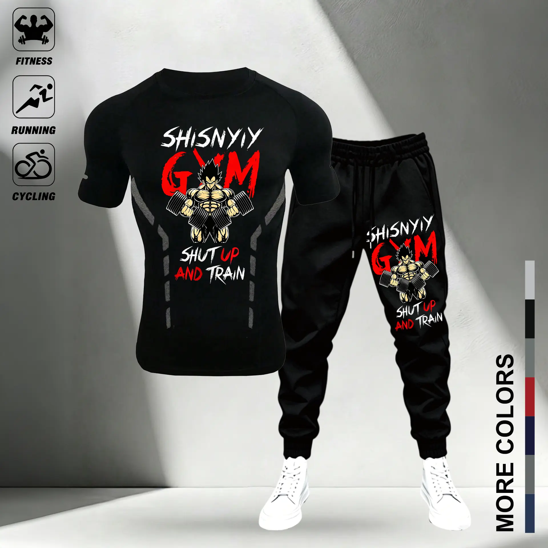 Shisnyiy Gym Shut Up and Train Fitness Set - Black T-Shirt & Joggers for Running & Cycling - More Colors Available,Gym Anime Print Workout Tracksuit Quick Dry Fitted Tee & Drawstring Joggers Athletic Training Outfit For Men