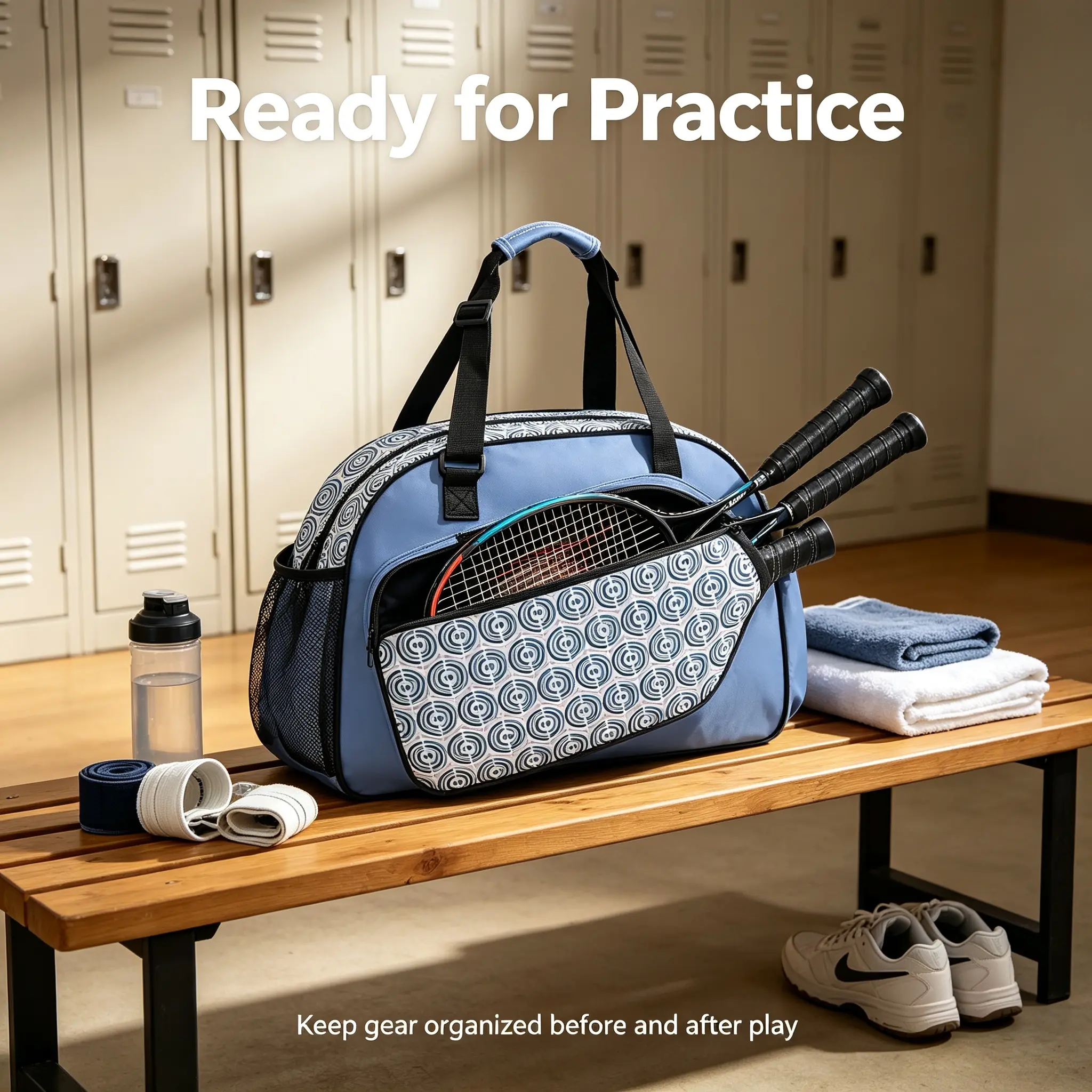 Women's Pastel Stylish Geometric Blue and White Pickleball Tote Bag - Female Adult Sports Gym Bag with 2 Paddle Slots, Water Bottle Pocket for Outdoor Workout, Adults, With Pocket, Universal, Water Repellent