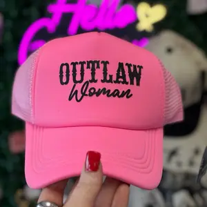 Trucker Hat "Outlaw Woman" - Pink with Bold Black Embroidery Design
