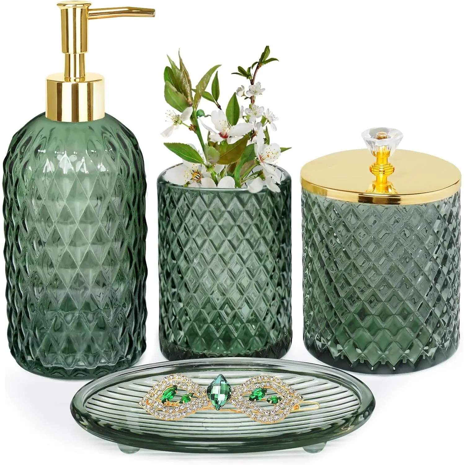 Bathroom accessory set, 4-piece sage green glass bathroom accessory set, includes lotion soap dispenser, toothbrush holder, cotton swab holder, soap dish, green bathroom decor set, suitable as a gift for home or apartment