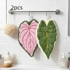 2-Pack Thick Coral Fleece Hand Towels, Leaf Design, Hanging Convenient, Quick-Dry Absorbent, Kitchen & Bathroom Use, High-Quality, Towel Set