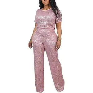 Women's Evening Sparkly Jumpsuits Off Shoulder Short Sleeve Party Sequins Rompers High Waisted Wide Leg Pants Suit
