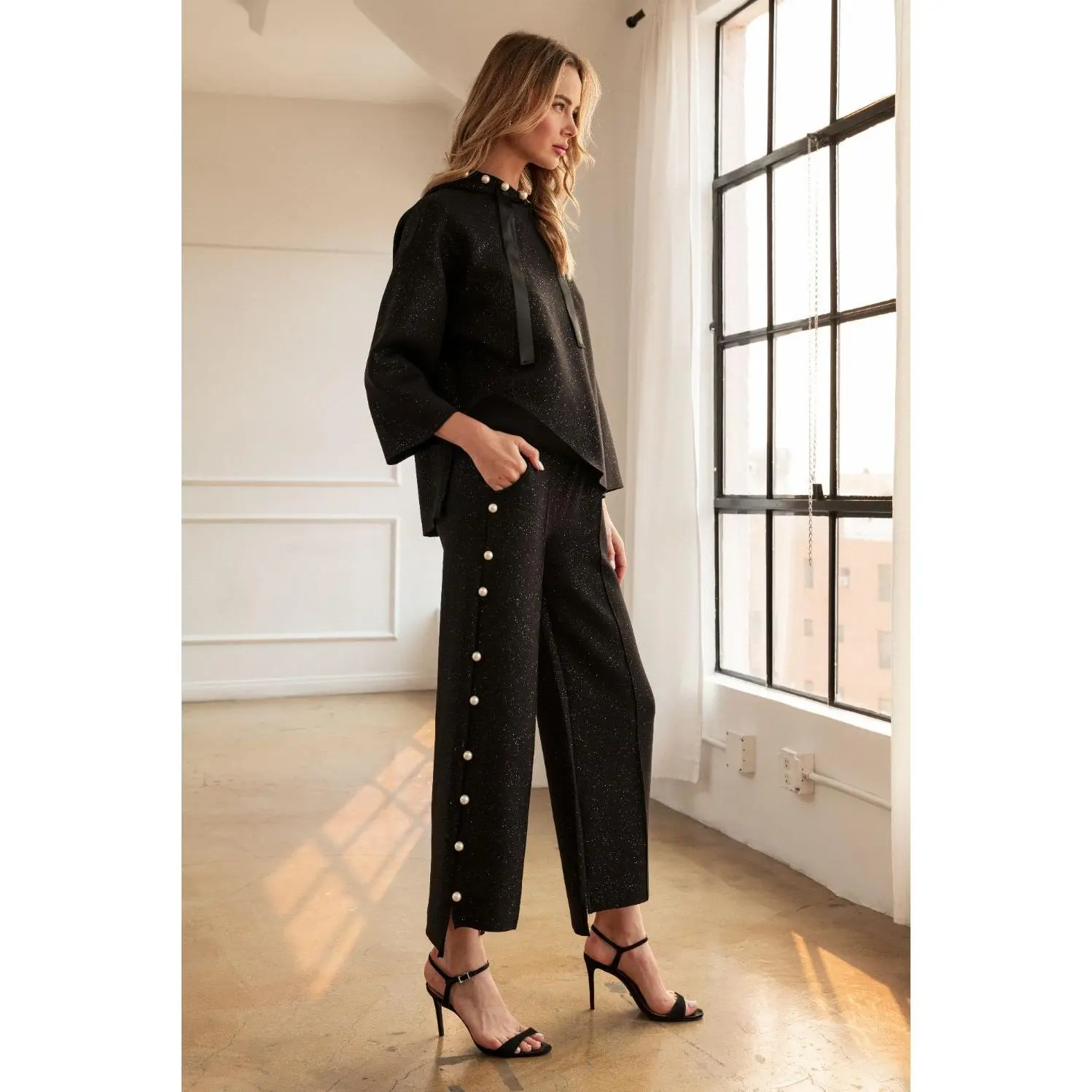 Farrah Stretch French Scuba Pearl Pant with Glitter