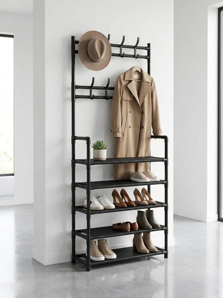5-Tier Rectangle Shoe & Hat Storage Rack, Sturdy Space-Saving Home Organizer with Hanging Clothes Function, 20 - 25 Kg Capacity Entryway Door-Side Unit for Shoe Organization, Clothing & Hat Storage