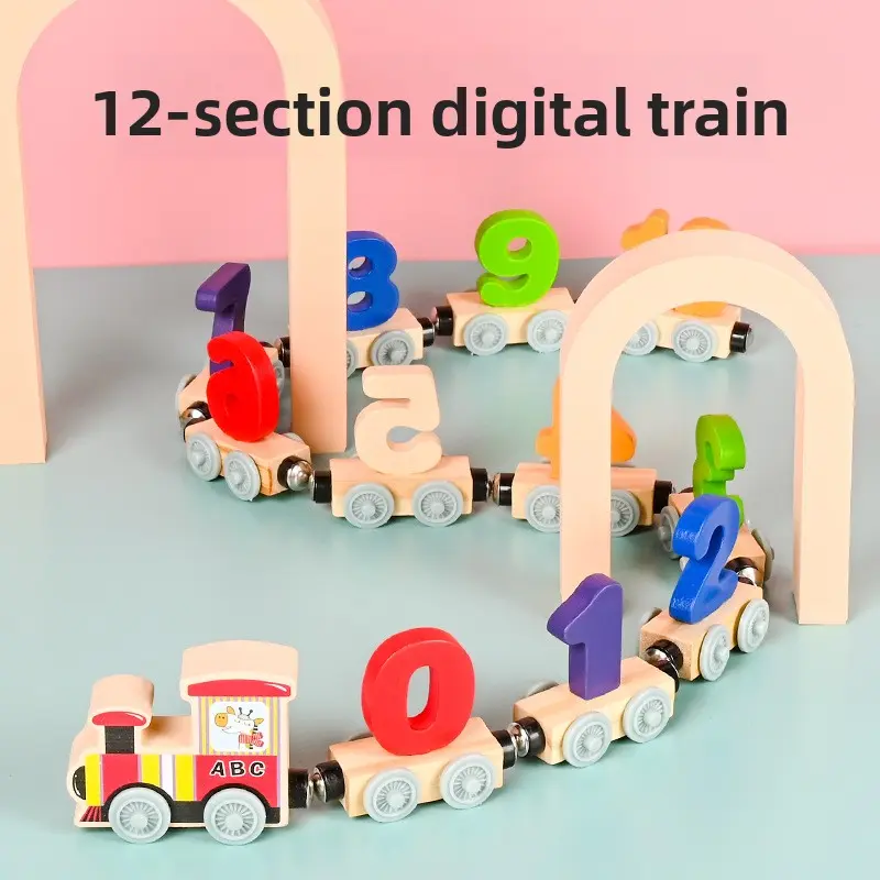 Wooden Magnetic Number Train for Three-Year-Olds Educational Toy 12-section Digital Alphabet Building Blocks Pull-Along Car 25x16.4x4.5CM Safe & Certified