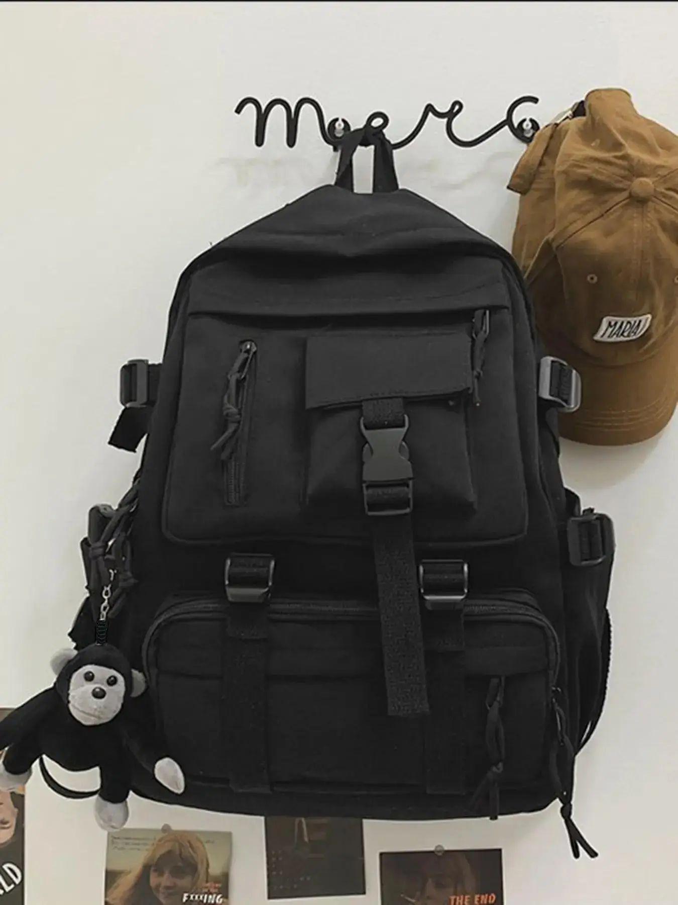 Casual Plain Backpack for School, Travel Essentials, Waterproof Large Volume Nylon Backpack with Adjustable Strap & Bag Charm for Men & Women for Sch