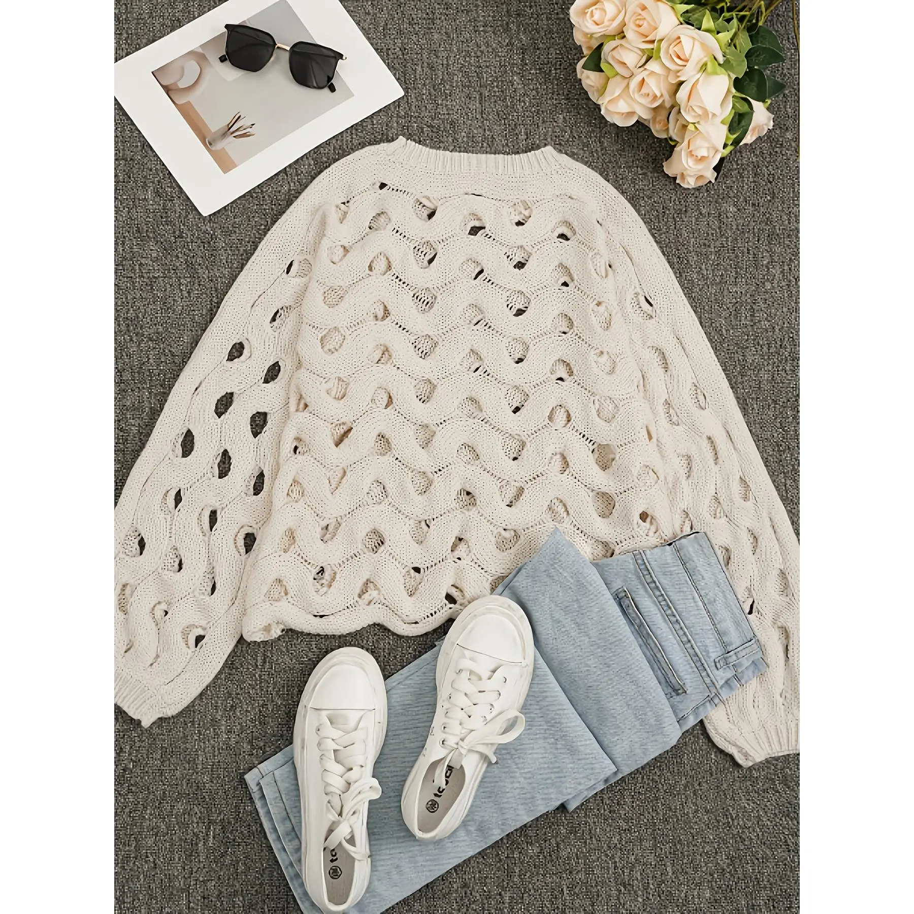 Women's 2026 Elegant Semi-Sheer Hollow-Out Knitting Sweater, Solid Long-Sleeve Crew Neck Basic Lightweight Pullover Top for Spring Summer, Polyester Fabric, Micro Elastic, Casual, Dry Clean
