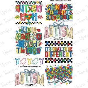 Hard Things Autism Mini DTF Transfer Gang Sheet 24.5" wide x 36" long. Direct To Film Mini Gang Sheet
