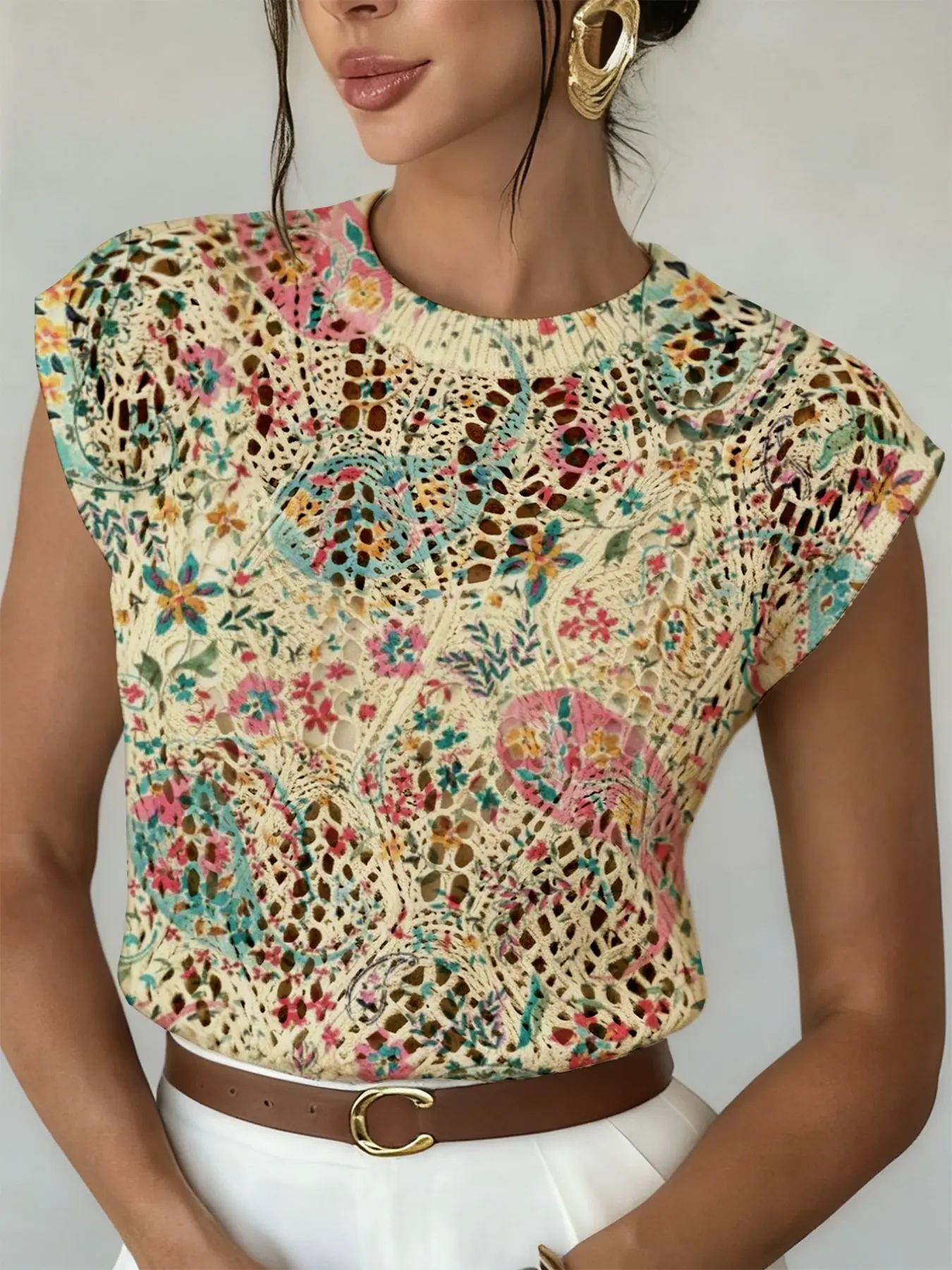 Women's Bohemian Paisley Floral Print Round Neck Sweater, Casual Loose-Fitting Knit Top, Breathable Summer Fashion, Hollow-Out Design