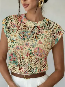 Women's Bohemian Paisley Floral Print Round Neck Sweater, Casual Loose-Fitting Knit Top, Breathable Summer Fashion, Hollow-Out Design