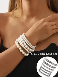 [6-PCS SET] Baroque Faux Pearl Bracelet Stack, Handmade Layered Beaded Bracelets for Women, Elegant Wedding Party Jewelry, Gift for Her