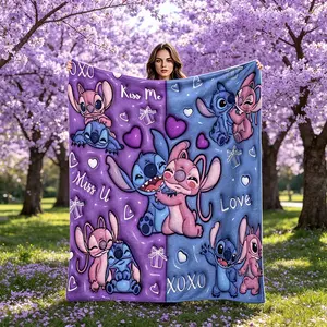 Stitch Angie Blue Color Block Couple Nap Blanket, Creative Digital Print Flannel, Holiday Gift, Multi-Purpose Outdoor Travel Blanket
