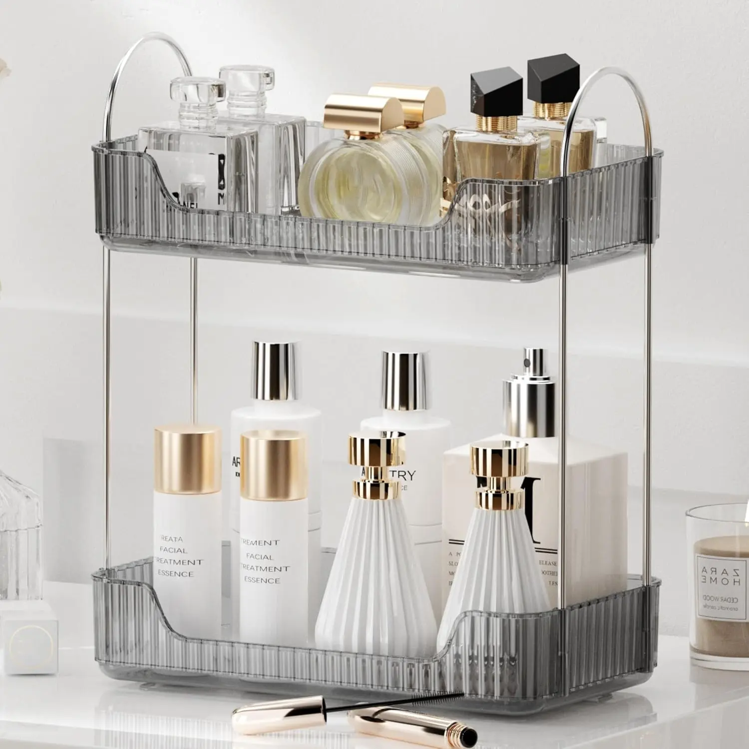 Bathroom Organizer Countertop, Makeup Storage, Skincare  Tray Shelf, Perfume Holder Rack for Vanity Counter, Large Capacity, Easy to Install, Clean, 2 Tiers, Smoky Gray