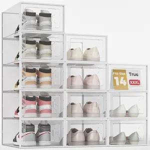 Fit Size 14 Shoe Storage Box, Clear Plastic Stackable Shoe Organizer for Closet, Shoe Rack Sneaker Container Bin Holder for Entryway, Closet, Under Bed