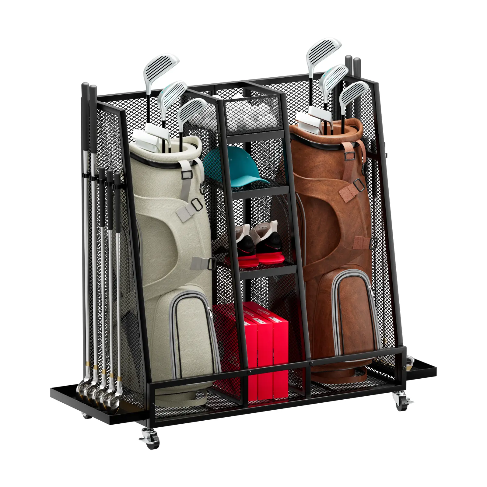 Vantage Mounts Fine Screen-Mesh Golf Storage Organizer for Garage, Extra Large Golf Bag Stand Holder for 2 Bags with Side Mesh Pocket, Heavy Duty Golf Club Rack for Home Basement, Indoor Outdoor Sports Equipment Storage with Lockable Wheels & Shelves