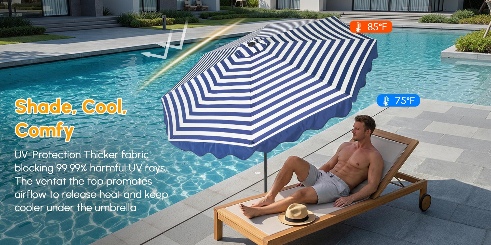 10Ft Classic MidCentury Scalloped Fringe Market Patio Umbrella with One Button Tilt, Handle Crank Solar powered Outdoor Parasols, Wind Vent and UV Protection for Garden Lofi Porch Pool, Premium