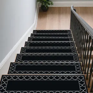15pcs of Black And White Patterned Stair Mats, Non-Slip Stair Carpets, Protective Step Carpets, Bordered Stair Mats for Home Decoration, Suitable for Indoor/Outdoor Stairs, Wooden Or Hard Surfaces