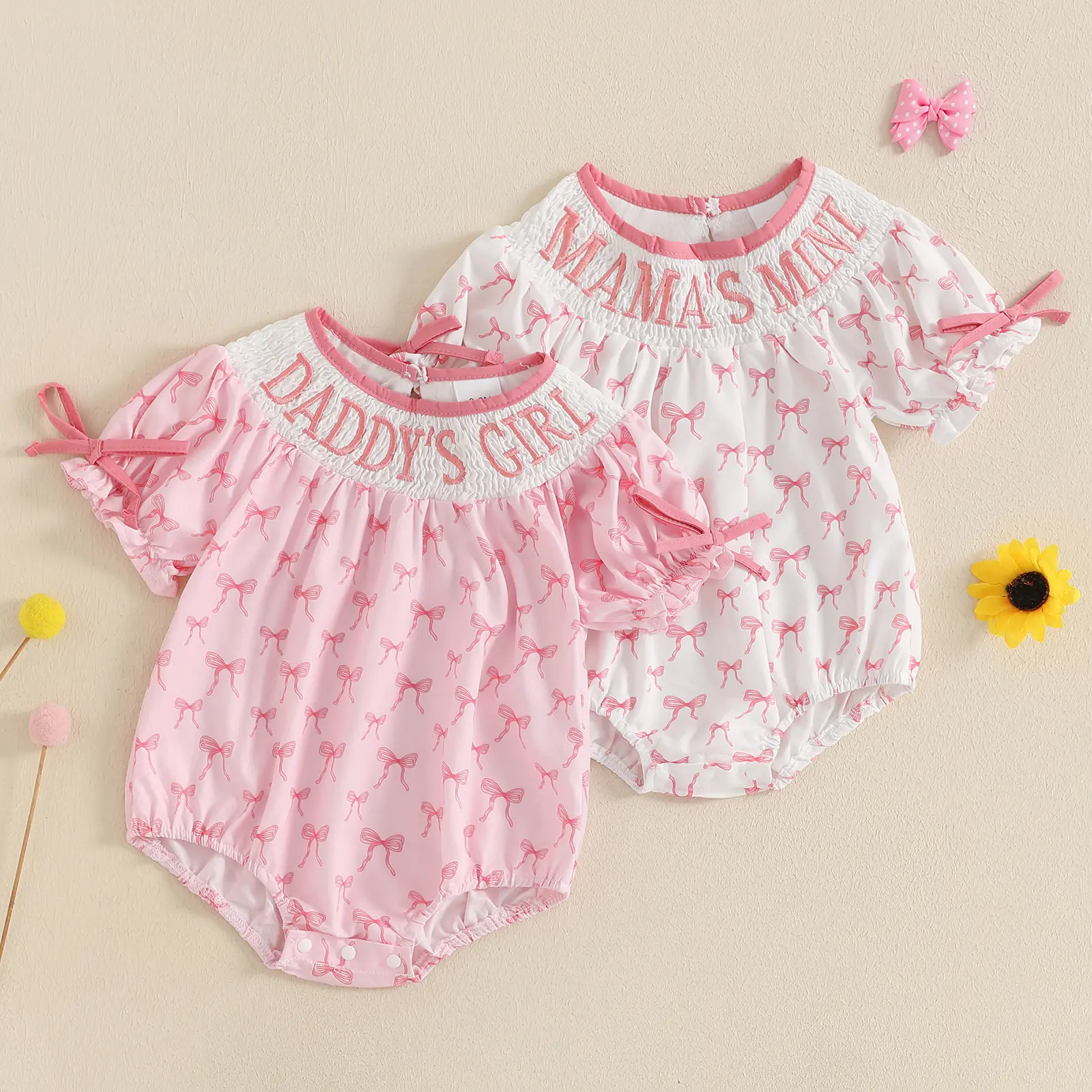 Infant Baby Girl Summer Romper Short Sleeve Daddy/Mama's Girl Embroidery Bow Print Smocked Onesie Bodysuit Newborn Playsuit