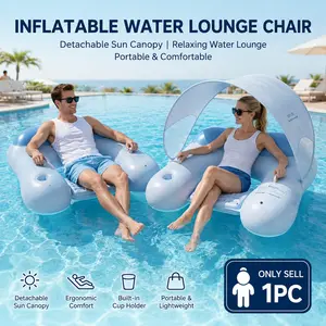 Inflatable Floating Lounge Chair With Cup holder, Detachable Canopy Sunshade,Thickened PVC Pool Float, Breathable Air Surface, Portable Foldable Water Lounger, Floating beds on water, floating mat, for Swimming Pool Recreation and Summer Relaxation