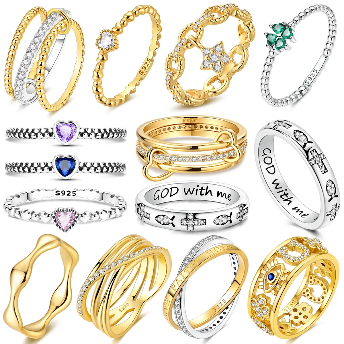 925 Sterling Silver Golden Rings Sparking Popular Colorful Zircon LOVE Wedding Ring Women Engagement Jewelry Anniversary Gifts