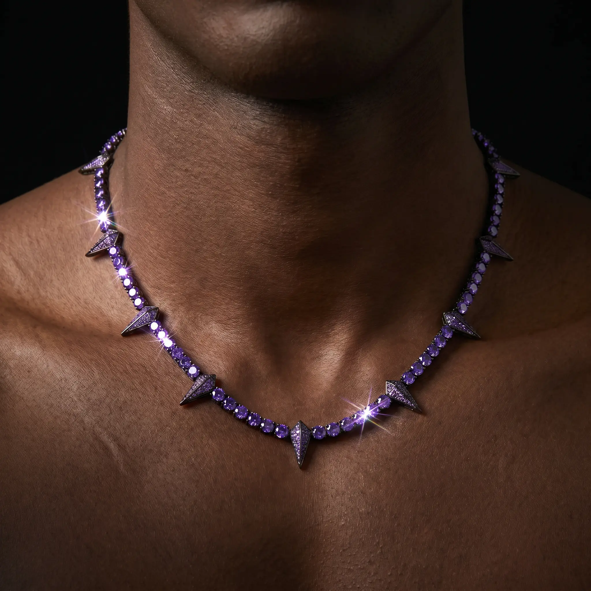 Unisex Long Geometric Choker Necklace - Black Rhodium Plated Arrow Spikes Tennis Chain & Link, Sparkly Rhinestones, Black Panther Pendant, 20in Brass Base, Hip-Hop Punk Iced Out, Daily Casual Wear