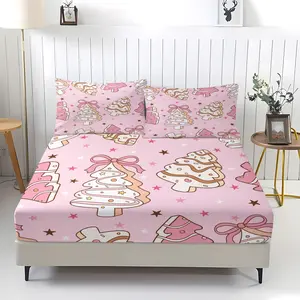 3-piece set of cute cake Christmas tree patterned bed sheets, including 1 bed sheet and 2 pillowcases, anti slip and dust cover suitable for bedrooms, suitable as a Christmas gift