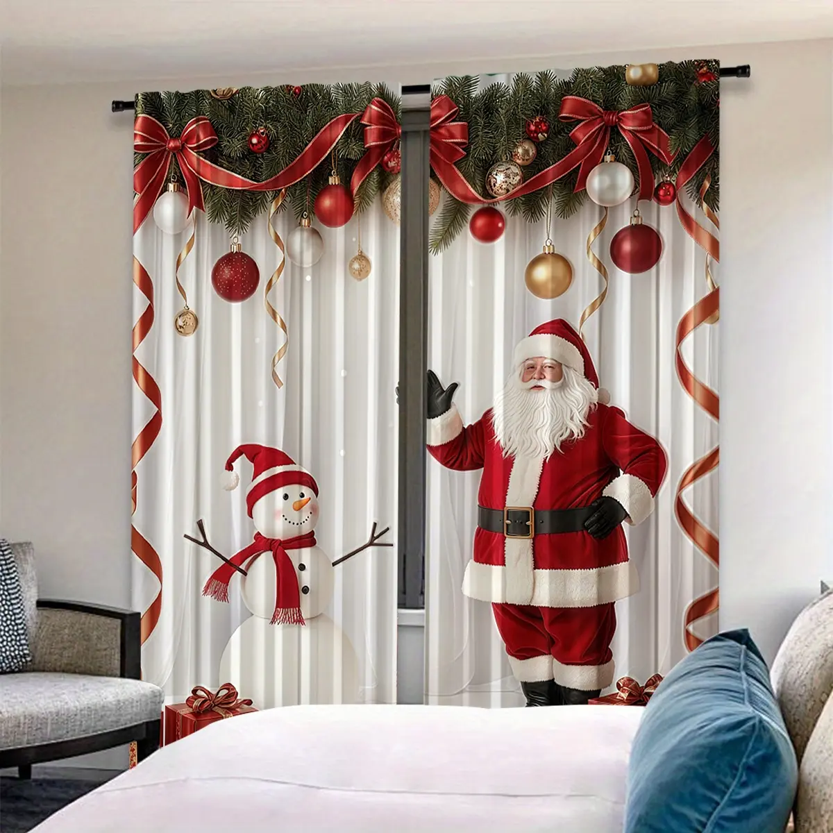 Set of 2, Christmas Printed Curtains - Santa with Snowman Pattern, Rod Pocket Design, Suitable for Living Room Bedroom Office Home Decor, Machine Washable Holiday Decor, New Year's Party Winter Decor, Holiday Design, Christmas Decor, Gift Preferred