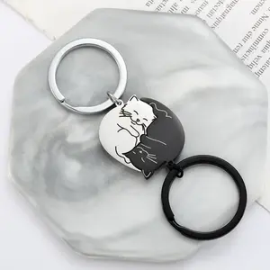 1Pair Cute Kawaii Cat Keychain Patchwork Heart Round  Charms for  Couple Lovers Keyring Stainless Steel Backpack Car Key Ring- Cute Matching Keychains for Boyfriend, Girlfriend, Best Friends & Family
