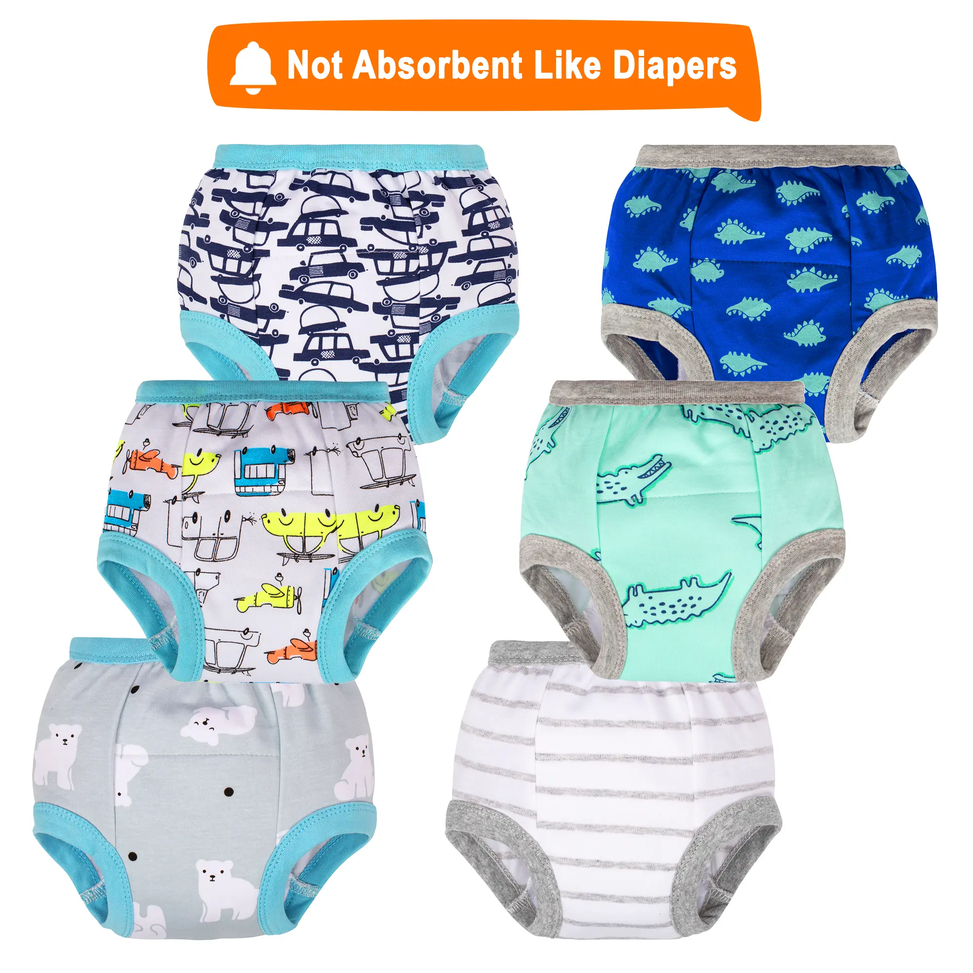 Boys' Reusable Cotton Diaper Training Pants - 6-Pack Cartoon Dinosaur Fun Patterns Washable Toddler Potty Training Underwear, Cartoon Dinosaur Boys' Underwear