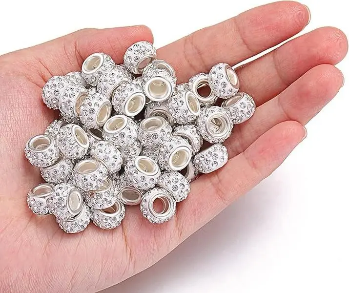 60 Pieces Hair Beads 12 mm Rhinestone European Large Hole Crystal Charm Beads for Braids for Women for Necklace Earring Bracelet Craft Making Supplies(White)