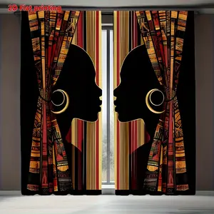 2-Piece African Women Print Curtains, Fashionable Rod Pocket Window Drapes for Bedroom & Living Room, Comfortable Atmosphere, Easy Installation