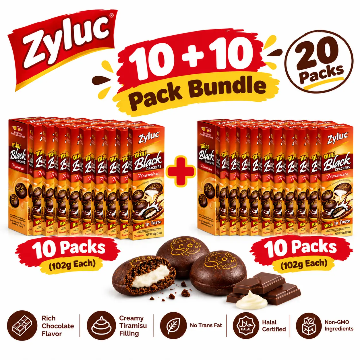 Zyluc Mini Black Crackers Tiramisu Flavor Bundle, 10 + 10 Pack (20 Packs Total), Chocolate-Coated Crunchy Biscuits with Creamy Tiramisu Filling, 35g Each, Halal Certified Indonesian Snack