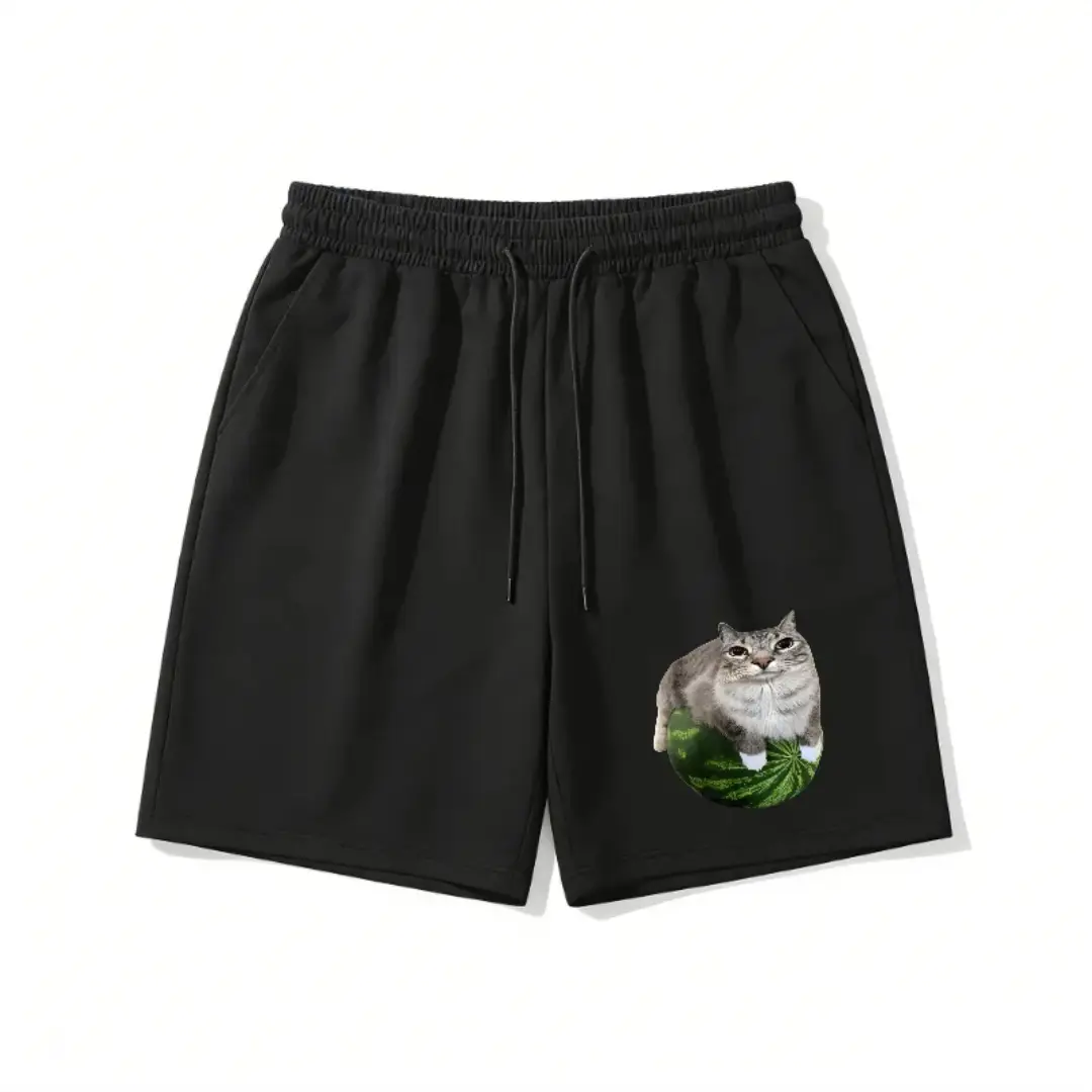 Men's Funny Cat on Watermelon Print Shorts, Casual Streetwear Drawstring Waist Sweat Shorts, Comfy Summer Beach & Daily Wear Short Pants for Guys Fleece-Lined Unisex