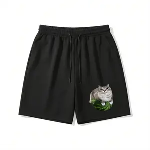 Men's Funny Cat on Watermelon Print Shorts, Casual Streetwear Drawstring Waist Sweat Shorts, Comfy Summer Beach & Daily Wear Short Pants for Guys Fleece-Lined Unisex