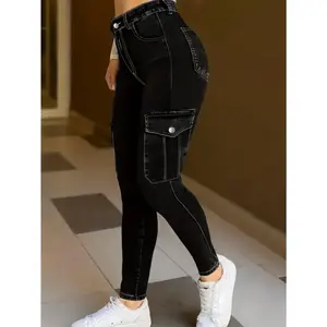 Large Size Women'S Denim Pants | Pure Black, High Waist, Elastic, Fit, Comfortable Fabric, All-Season Wearable, with Side Pocket Flip Bag