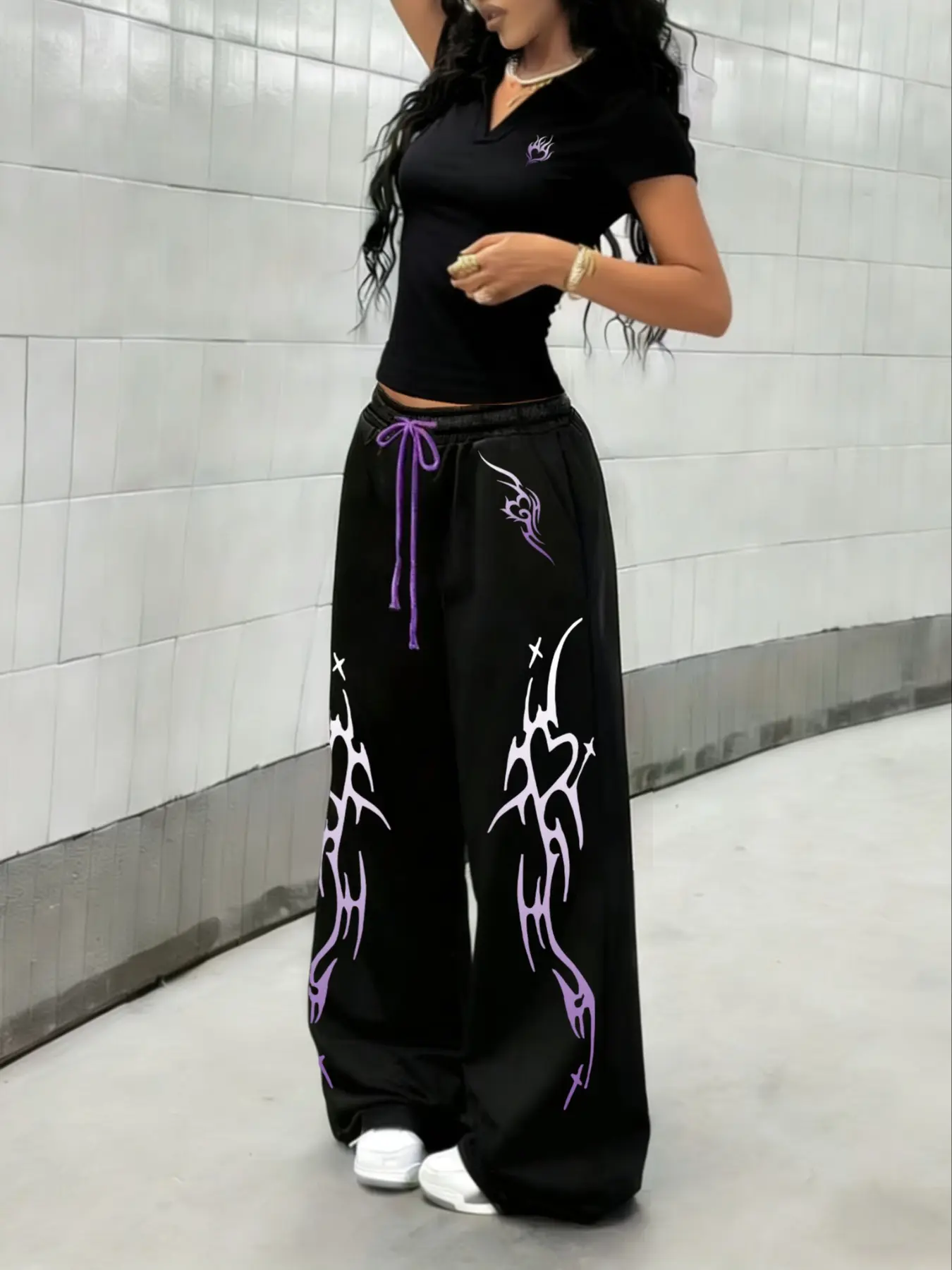 Y2 Style Set, Street Dance Print Sweatpants, Elastic Waist Sport Pants, Short Sleeve Polo Shirt, Casual Fashion Clothes