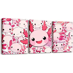 Feelyou Cute Axolotl Canvas Wall Art Frames - 12"x16" 3Pcs Decorative Cartoon Salamander Ocean Sealife Paintings, Cute Animal Design Modern Home Decor for Bedroom, Halloween Hanging Gift