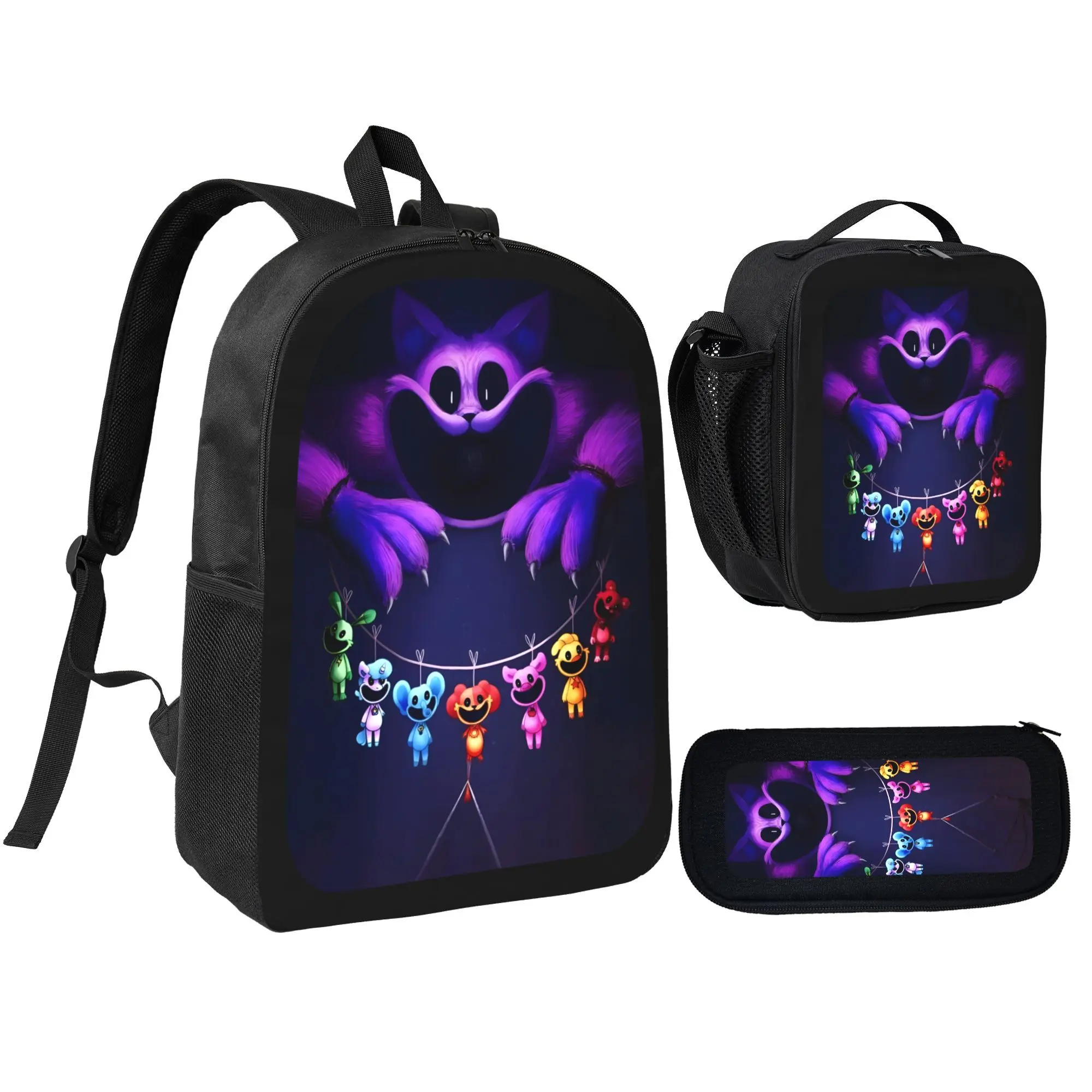 CatNap Smiling Critters 3-Piece Backpack Set - Insulated Lunch Bag, Pencil Case - Cartoon Print School Bags for Teens