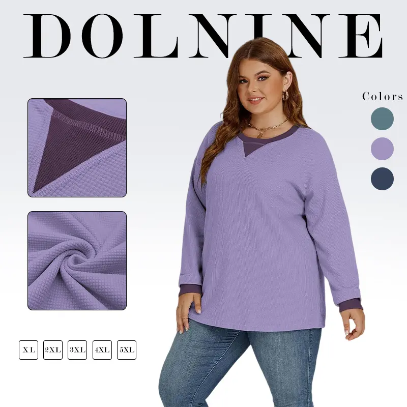 Womens-Plus-Size-Sweatshirts Trendy Color Block Casual Long Sleeve Tops Waffle Knit Oversized Shirts Loose Fit Tunics VPS0172