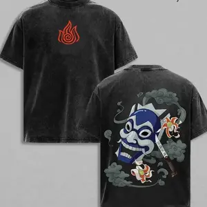 Unisex Oversized Avatar: The Last Airbender Zuko Blue Spirit Mask Anime Graphic T-Shirt, Short-Sleeve Seamless Fabric Apparel, Vintage Streetwear Heavyweight Cotton Washed Double-Printed Tee, Gift for Anime Fans (9EX)