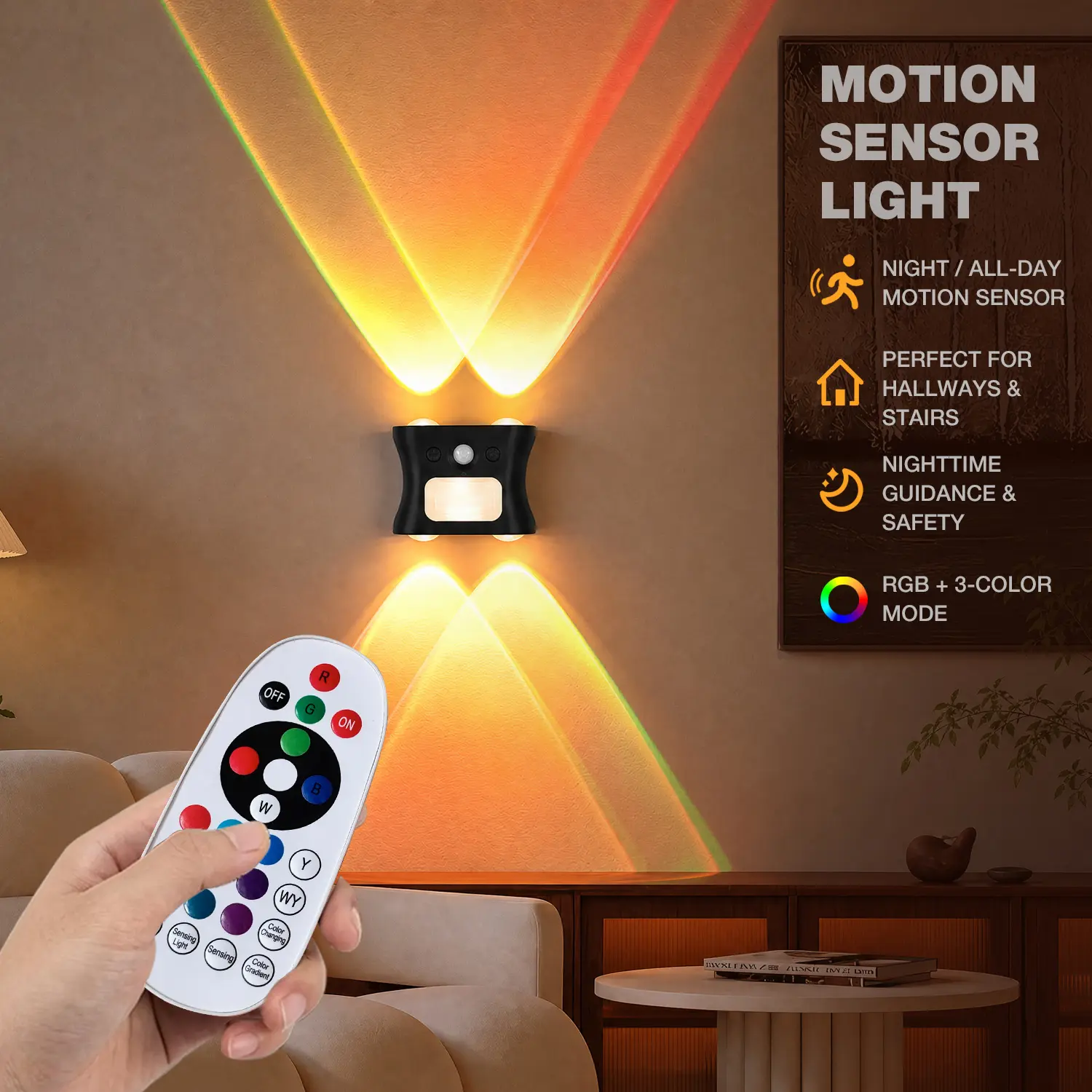 Smart Motion Sensor Magnetic LED Wall Sconce, Color Changing RGB Wall Light, Led Mood Light with Remote & Button Control, Rechargeable Battery Operated, Perfect for Bedroom Staircase Hallway Doorway, Ambient Decor Lighting