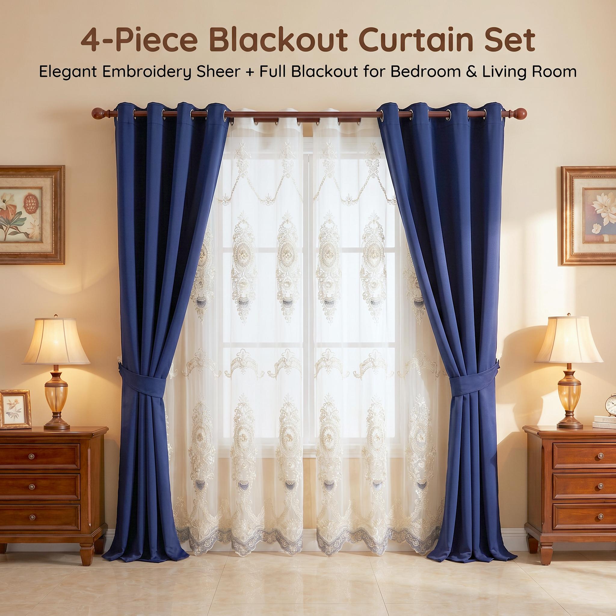 4 Panels Combination Grommets Curtains Including : 2 Panels 52x84 inch Solid Blackout Curtains & 2 Panels 52x90 inch Luxuary Embroidery Curtains QF222 QF78 noise reduction