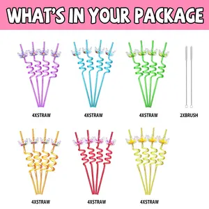 24PCS Reusable Crown Drinking Straws Glitter Princess Party Favors 6 Designs Great for Princess Theme Birthday Party Supplies with 2 Cleaning Brushes